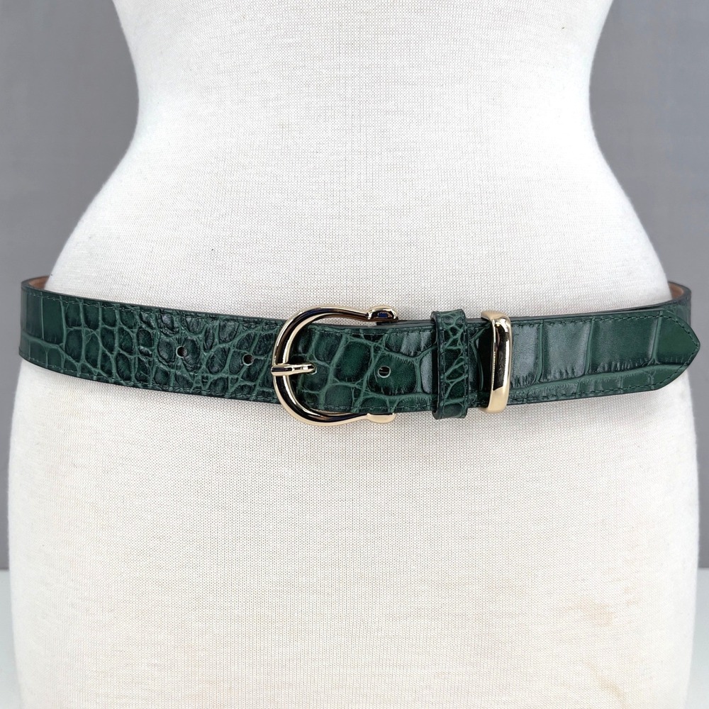 & Other Stories Womens M Belt Forest Green Croc Embossed Leather Italy Old Money